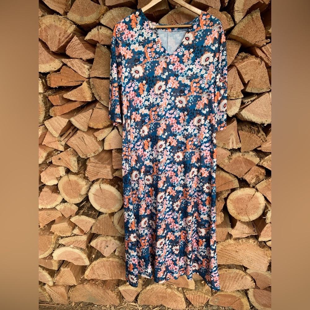 Floral Maxi Dress Womens 3XL Blue Orange Pink Short Sleeve V-Neck Pockets Boho